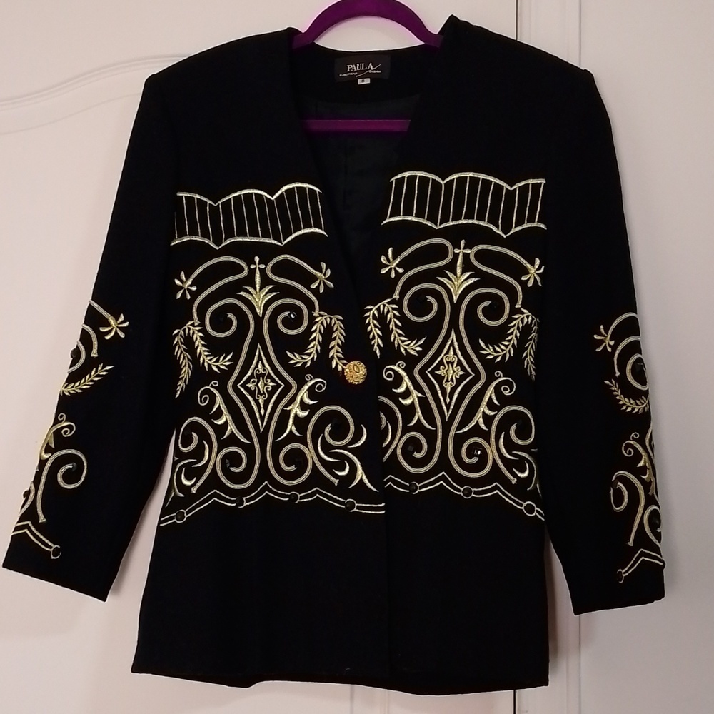 Vintage Paula black jacket with gold  embroidery and stones. 100% wool size 8